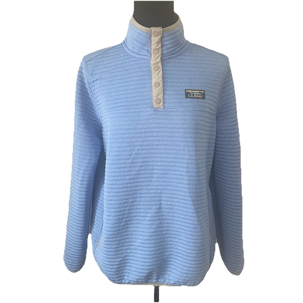 LL BEAN Womens Sz M Airlight Knit Pullover Blue/Gray 1/4 Snap Pockets #506463